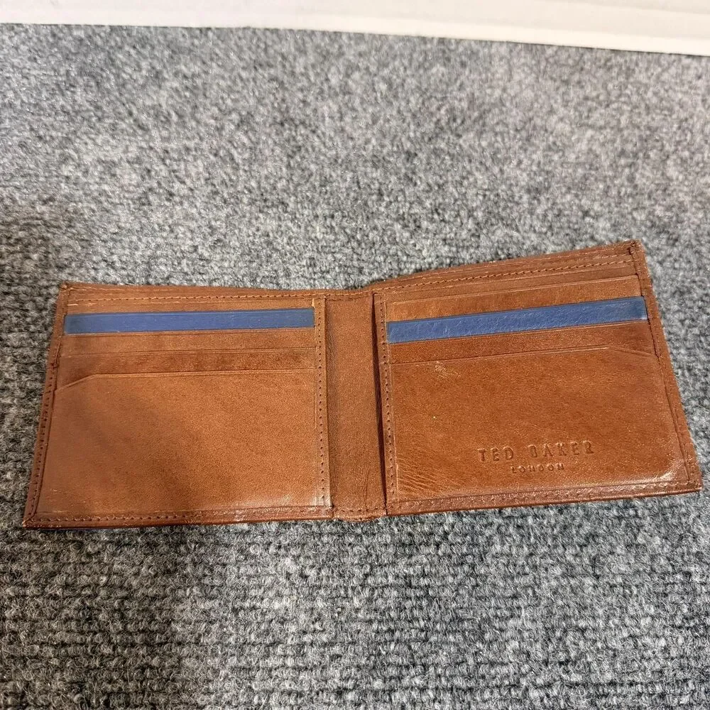 Ted Baker Wallet Mens Brown Leather Bifold Card Holder Blue Trim Logo Lining